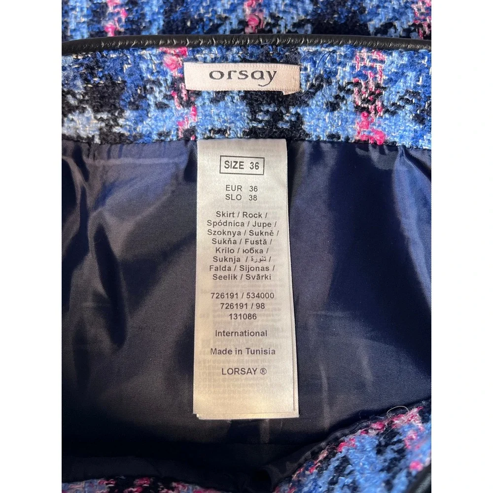 Orsay Tweed Plaid Mini Skirt Blue Pink Black Faux Leather Trim Size EUR 36 US 4 - Picture 2 of 9
